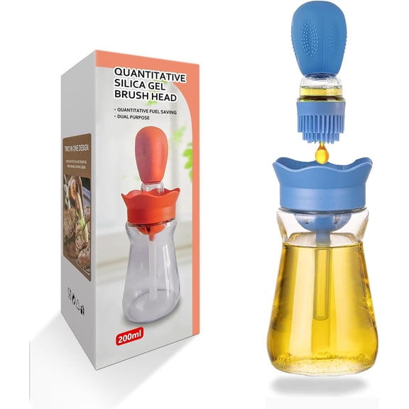 KKFEN-Oil Dispenser Bottle with Silicone Brush, 200ML 2 in 1 Silicone Dropper Measuring Oil Dispenser Bottle for Kitchen Cooking, Frying, Baking, BBQ Pancake, Air Fryer, Marinating - Blue