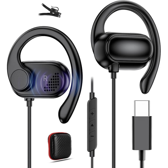 KKFEN-Open Ear USB-C Headphones for iPhone 17 Pro Max 16 15 Plus, Over Ear Wired Earbuds with Earhook Microphone Volume Control, HiFi Stereo Sports Type C Earphones for Samsung S25 S26 S24 S23 S22 S2