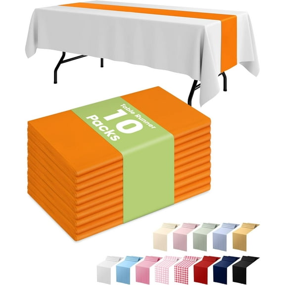 KKFEN-Orange Plastic Table Runners - 10 Pack, 14'' x 108'', Water Resistant & Disposable Centerpiece Decorations for Table Cloth, Wedding, Birthday, Thanksgiving, Harvest, Party, Home Decor