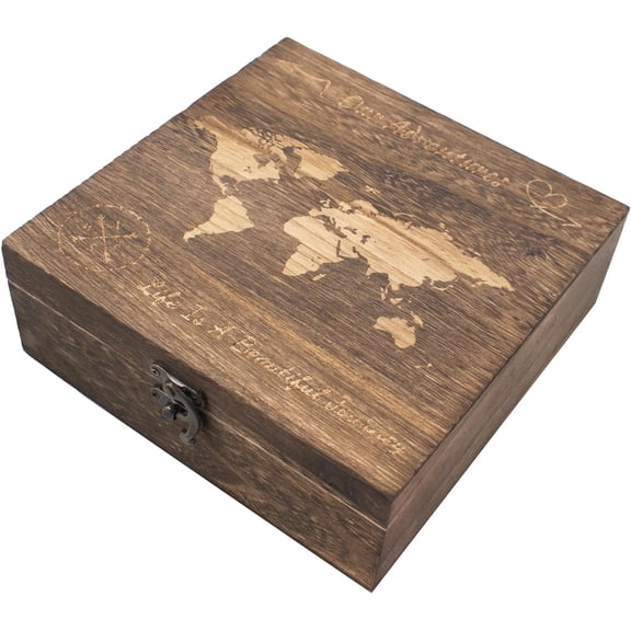 KKFEN-Our Adventures Box, 7.7 x 7.7 x 2.7 Inches, Decorative Wooden Keepsake Box Memory Box with World Map Background Engraved Wood Box with Lid Unique Gift Ideas Wedding Engagement Gift