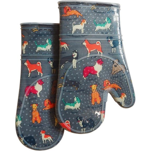 KKFEN-Oven Mitts Set of 2 with Transparent Clear Silicone Shell and Nice Dog Printing Cotton Lining, Heat Resistant to 500 F Kitchen Oven Gloves Pot Holder for Cooking (Gray)