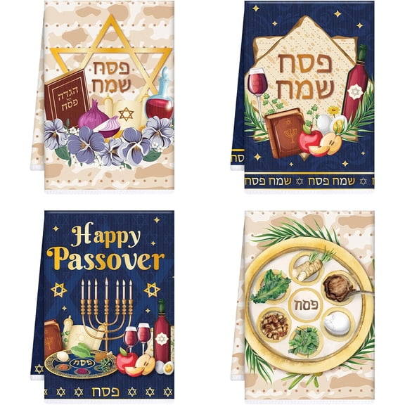 KKFEN-Passover Kitchen Towels Decor, Dish Towels Gifts for Cooking Cleaning Set of 4, Jewish Holiday Hand Towels with Hanging Loop for Bathroom Home