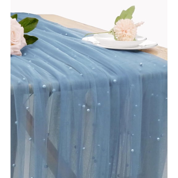 KKFEN-Pearl Table Runner 29 x 120 Inch Tulle Fabric Lace Table Runners for Bridal Shower Birthday Party Wedding Arch Dessert Table Decor(1 Pack, Dusty Blue)
