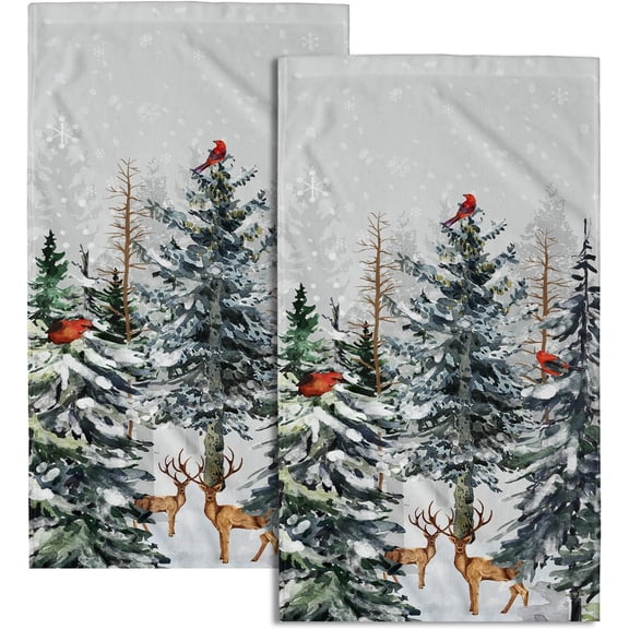 KKFEN-Pine Tree Hand Towels Set of 2 Forest Deer Kitchen Bathroom Towels Soft Absorbent Fingertip Tea Bar Dish Towel for Hotel Spa Gym Decor
