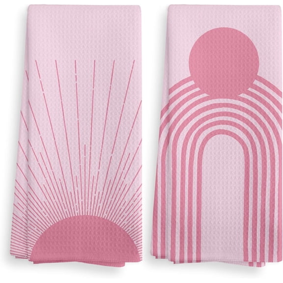 KKFEN-Pink Abstract Sunrise Kitchen Towels Set of 2, Bohemian Sun Hand Towels, Preppy Kitchen Towels, Sunshine Gifts, Pink Moon Drying Cloth Hand Towels for Girls Bathroom Kitchen Decor, 1624 Inches