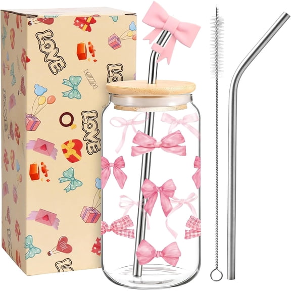 KKFEN-Pink Bow Glass Cup, Coquette Cute Girly Preppy Cups, Aesthetic Bow Iced Coffee Girly Mug, Teen Girl Gifts Trendy Stuff, Girlfriends Valentines Day Gift for Women, Bows Glass Cups with Lids and