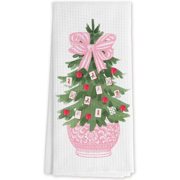 KKFEN-Pink Chinoiserie Mahjong Tree Kitchen Towels, Preppy Bow Tree Decorative Hand Towels for Bathroom, Mahjong Lover Player Gifts Dish Tea Towels for Kitchen Decor, 16x24 Inch