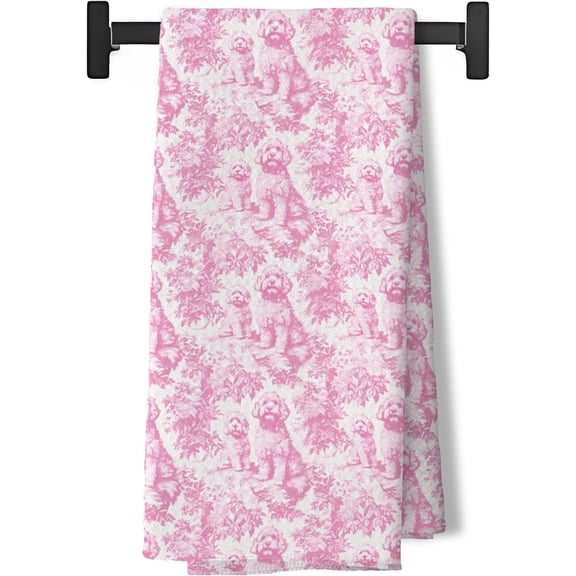 KKFEN-Pink Chinoiserie Poodle Kitchen Towels,Pink Botanical Grandmillennial Dog Decorative Dish Tea Towels, Standard Poodle Gifts Hand Towels for Kitchen Bathroom Decor,16x24 Inch