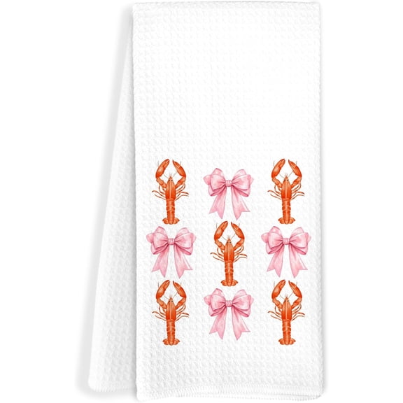 KKFEN-Pink Coquette Bow Crawfish Beach Kitchen Towels, Lobster Lover Gifts Dish Tea Towels for Kitchen, Coastal Nautical Hand Towels for Bathroom, Seafood Boil Party Supplies, 16x24 Inch