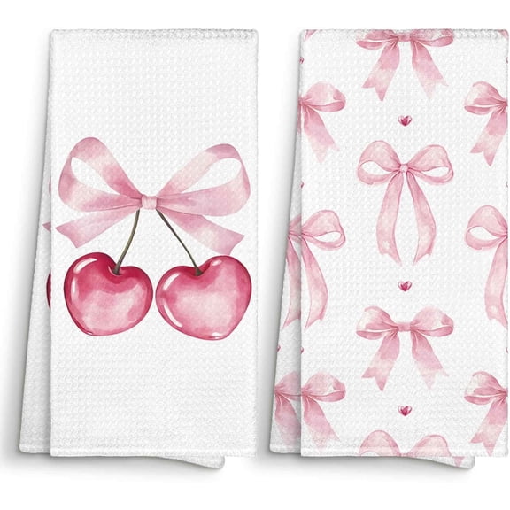 KKFEN-Pink Coquette Bow Preppy Kitchen Towel Decorative 16x24 Set of 2, Trendy Aesthetic Dish Towel Cloths Dishcloth Tea Towel Gifts for Teen Girls Dorm, Valentine Bathroom Kitchen Hand Towel Decor
