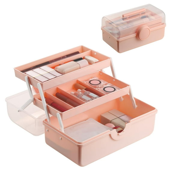 KKFEN-Pink Makeup Storage, Pink Tackle box for Women with Handle. Cosmetic Storage Box Organizer, Portable 3 Layers Makeup Case for Home