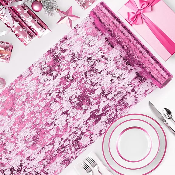 KKFEN-Pink Table Runner 11'' x 192'', Metallic Glitter Foil Pastel Pink Thin Mesh Table Runners Roll Sequin Table Decorations for Spring Valentines Wedding Bridal Shower Birthday Home Decor