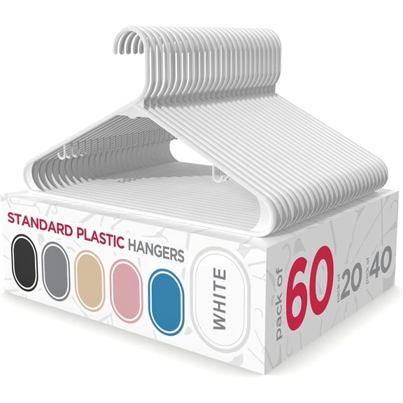 KKFEN-Plastic Clothes Hangers - Adult Plastic Hanger - Clothing Hangers - Standard Hangers for Clothes - Space Saving Hangers - Ideal for Shirt, Dresses, Coat Hangers (60-Pack, White)