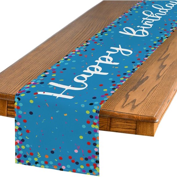 KKFEN-Polka Dot Blue Happy Birthday Table Runner, Seasonal Winter Kitchen Dining Table Decoration for Home Party Decor 13x72 Inch