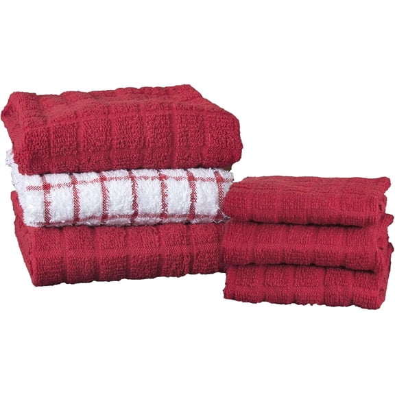 KKFEN-Premium Kitchen Towel and Dish Cloth Value Set: Highly Absorbent, Super Soft, Long-Lasting, 100% Cotton Checked and Solid Hand Towels, Tea Towels, Bar Towels - 6 Pack, Paprika