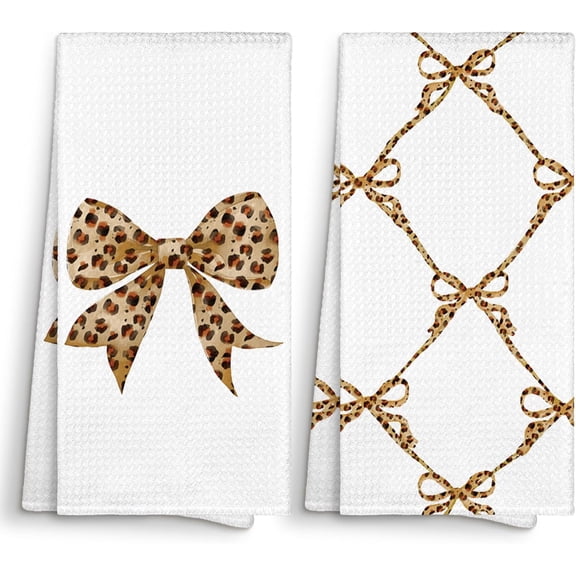 KKFEN-Preppy Cheetah Print Coquette Bow Kitchen Towels Decorative 16x24 Set of 2, Trendy Dish Towels Cloths Dishcloths Tea Towel Gifts for Teen Girls Dorm, Leopard Bathroom Kitchen Hand Towel Decor