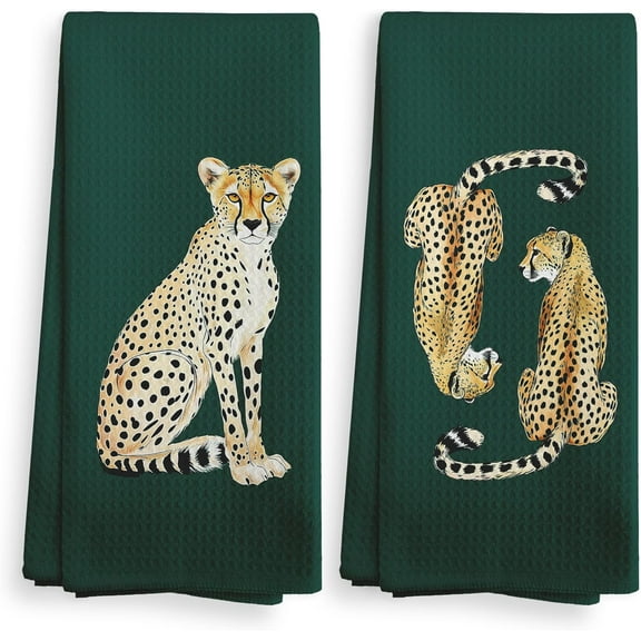 KKFEN-Preppy Leopard Decor Kitchen Towels and Dishcloths Set of 2, Leopard Cheetah Gifts, Emerald Green Bathroom Decor, Trendy Vintage Cheetah Drying Cloth Hand Dish Towels for Bathroom, 16x24 Inch