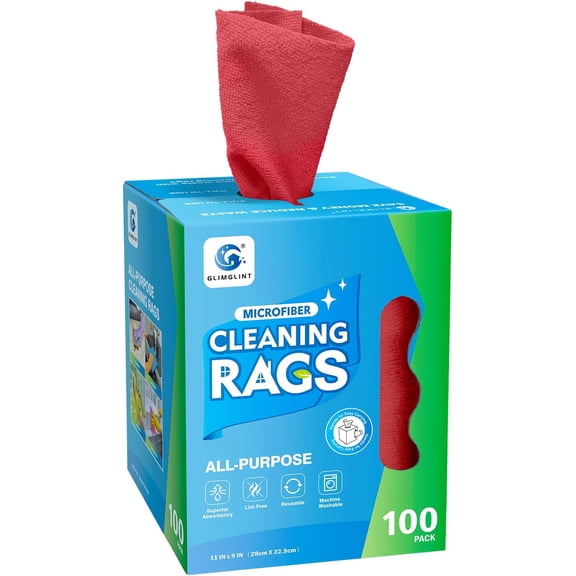 KKFEN-Red Microfiber Cleaning Cloth, 100 Pack Cleaning Rags, Lint-Free, Ultra Absorbent Reusable Paper Towels for Home, Kitchen, Car, Garage or Shop, Dish Rags, 11" x 9"