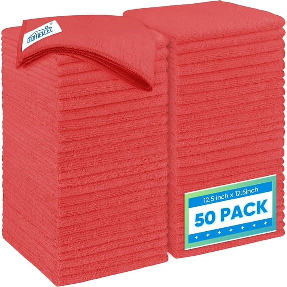 KKFEN-Red Microfiber Cleaning Cloth 50 Pack, 12.5 x 12.5 inch Microfiber Towels for Cars, Ultra Absorbent Car Washing Cloth, Lint Free Streak Free Cleaning Rags for Car, Kitchen, and Window