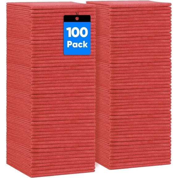KKFEN-Red Shop Towels 100 Pack, Reusable Microfiber Cleaning Cloth Bulk, Multipurpose Microfiber Towels for Cars, House and Kitchen, Highly Absorbent Cleaning Rags 11.5 x 11.5 inch
