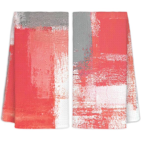 KKFEN-Red and Grey Hand Towels 2 Pack Set - Modern Red Gray Kitchen Dish Towels with Hanging Loop, Modern Kitchen Decor, 16x24