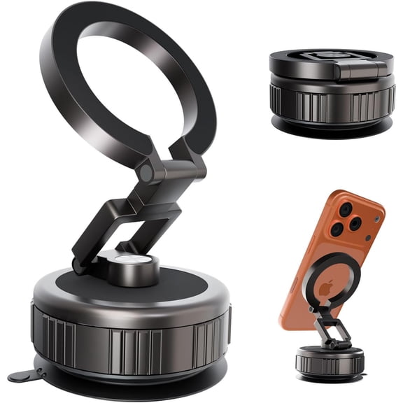KKFEN-Reinforced Vacuum Magnetic Strong Suction Car Phone Holder,360 Adjustable Car Truck Mount for Magsafe iPhone 17 Pro Max 16 15 14 13 12 Air Plus,Magnet Cell Phone Ring Stand Tripod Automobile Cr
