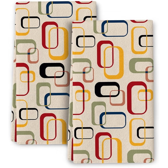 KKFEN-Retro Kitchen Towels with Hanging Loop, Mid Century Modern Dish Towel for Kitchen Drying Absorbent Tea Hand Towels for Cooking Baking Bathroom Farmhouse Decor Sets of 2, 16x24 inch