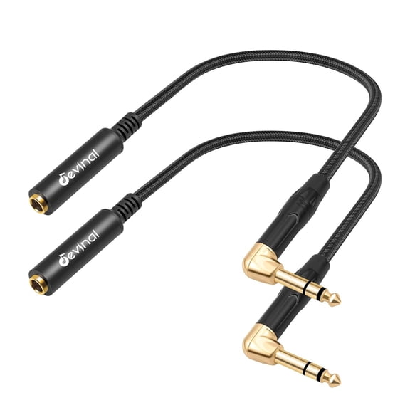 KKFEN-Right Angle 1/4 Inch TRS Male to 1/4 Inch TRS Female Cable, 6.35mm Stereo Headphone Guitar Extension Cord Adapter 1 FT 2 pcs