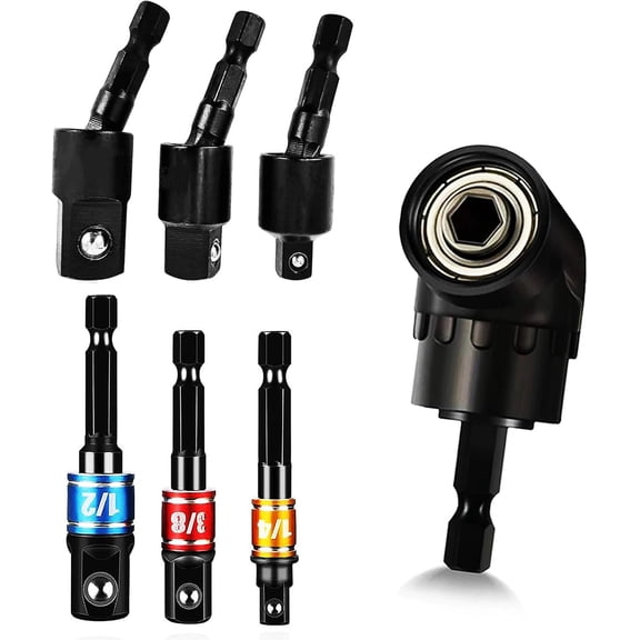 KKFEN-Right Angle Drill Attachment Adapter+ Quick Change Impact Driver Bit Socket Adapter Set Swivel Rotatable/Straight Hex Bit 1/2 3/8 1/4- 7pcs Drill Bit Extension Set for Narrow Space BC7