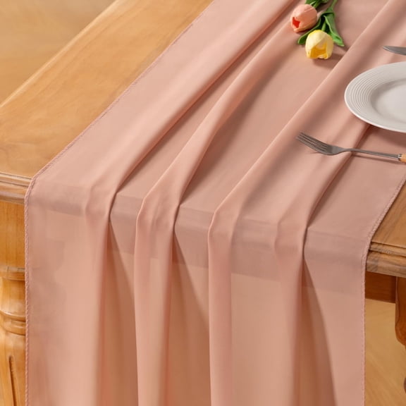 KKFEN-Rose Gold Chiffon Table Runner Easter Spring Boho Rustic 14ft 29x170 Inches Wedding Runner Sheer Romantic Bridal Shower Decorations