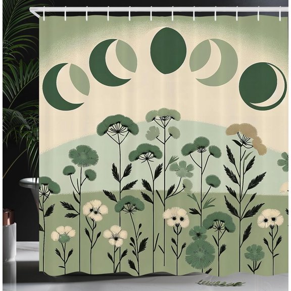 KKFEN-Sage Green Shower Curtain, Mid Century Modern Boho Style Simple Moon Phase with Leafy Scenario, Cloth Fabric Bathroom Decor Set with Hooks, 69" W x 70" L, Teal Eggshell Dark Grey
