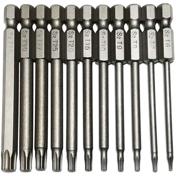 KKFEN-Security Torx Bit 11 Pieces 1/4 Inch Hex Shank T6 T7 T8 T9 T10 T15 T20 T25 T27 T30 T40 3 Inch Length S2 Steel Torx Head Screwdriver Drill Set (11pcs 75mm Torx Head)