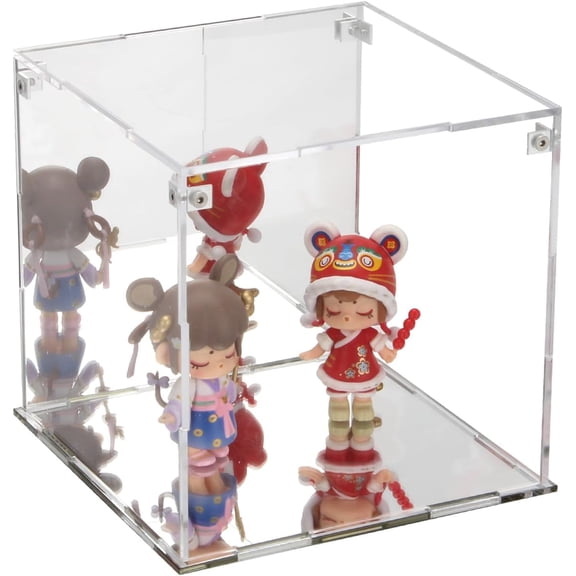 KKFEN-Self-Assemble Acrylic Display Case with Mirrored Back, Clear Action Figure Storage Display Box with Mirrored Base Stand, Cube Storage Containers for Home Office Collectibles, 6x6x6Inch