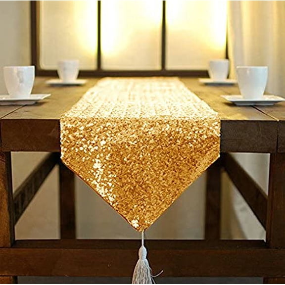 KKFEN-Sequin Table Runner Gold 12x72 Inch Glitz Metallic Table Cover Tassel Birthday Party Supplies Gold Sequence Table Linens Runner for Holiday Events