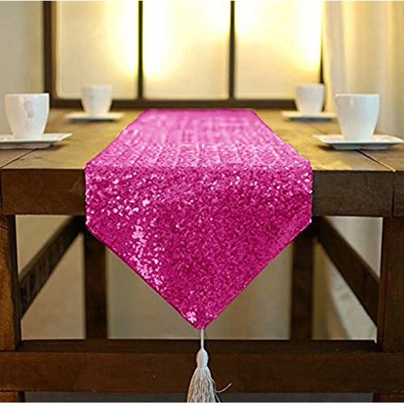 KKFEN-Sequin Table Runner Hot Pink 12x72 Inch Sparkly Metallic Runners Fuchsia Glitter Sequence Fabric Table Linen for Birthday Party Wedding Engagement Decorations