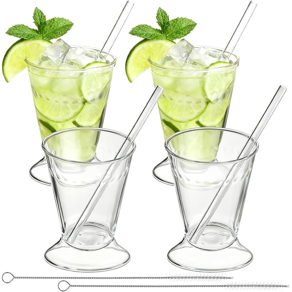 KKFEN-Set of 4 Mint Julep Cups, 12 oz Glass Julep Cups with Straws and Brushes for Party Bar Home Restaurant, Clear Drinking Glasses for Cocktail, Beer, Juice, Beverage