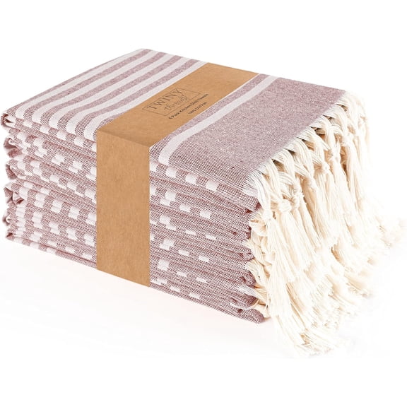 KKFEN-Set of 6 100% Cotton Turkish Kitchen Towels with Hanging Loop & Tassels (18" X 28") | Ultra Washcloth with Fringes | Reusable Hand Towels - Burgundy Wine