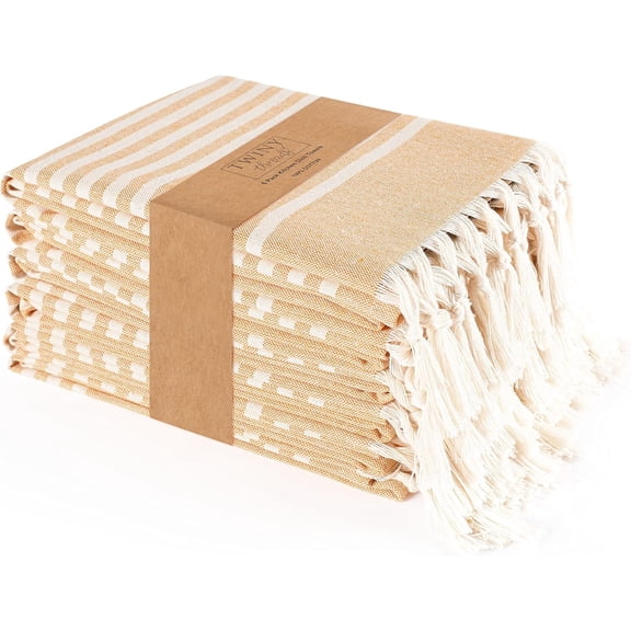 KKFEN-Set of 6 100% Cotton Turkish Kitchen Towels with Hanging Loop & Tassels (18" X 28") | Ultra Washcloth with Fringes | Reusable Hand Towels - Mustard Yellow