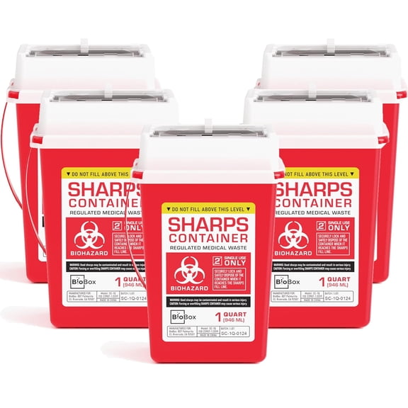 KKFEN-Sharps Container Small - Sharps Containers for Home Use and Labs - Portable Needle Disposal and Travel Size Biohazard Bin - 1 Quart (Pack of 5)