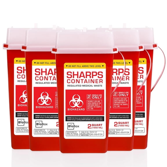 KKFEN-Sharps Container Small - Sharps Containers for Home Use and Labs - Portable Needle Disposal and Travel Size Biohazard Bin - 2 Quart (Pack of 5)