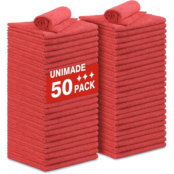 KKFEN-Shop Towels Rags, 50 Pack Reusable Shop Rags Bulk Microfiber Cleaning Cloth Lint Free Cleaning Towels for Car Kitchen Automotive Bar Mechanic Restaurant Garage, 11.5"x 11.5", Red
