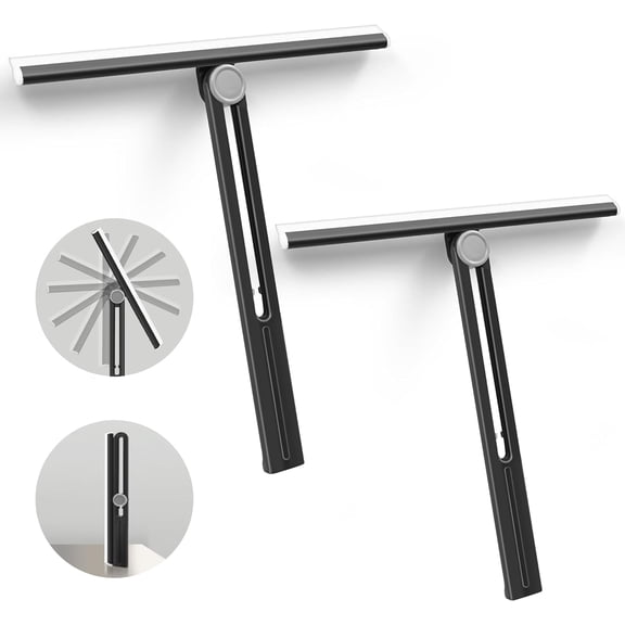 KKFEN-Shower Squeegee 2 Packs for Glass Doors, All-Purpose 360 Rotating Black Silicone Scraper Cleaner Tool for Tile, Walls, Mirror, Car Window, Countertop, Bathroom, 11 Inches
