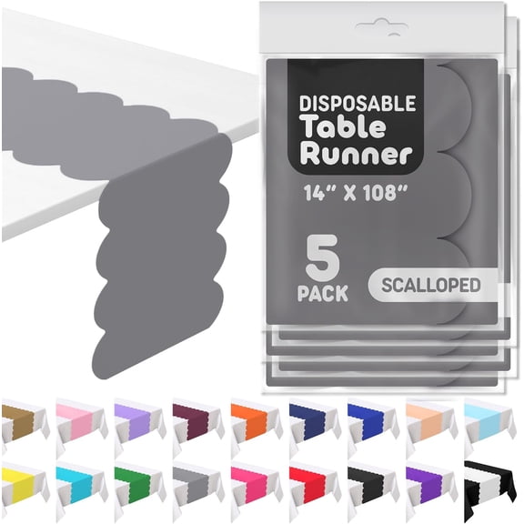 KKFEN-Silver Grey Plastic Disposable Table Runner. 5 Pack 14 x 108 inch. Scallop Table Runner Adds A Pop of Color to Your Party Table, by