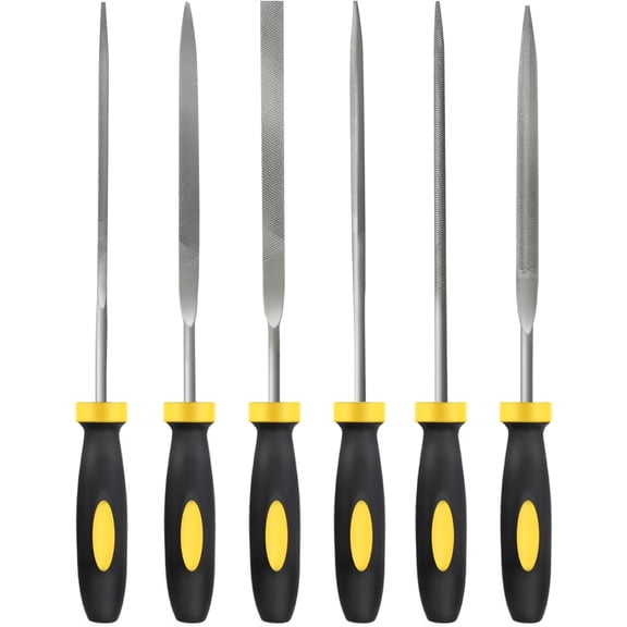 KKFEN-Small 6-Piece Needle File Set, Diameter 0.11" Length 5.51" Hardened Alloy Steel Mini File for Metal Wood Plastic, Includes Flat, Warding, Square, Triangular, Round, Half-Round, Yellow