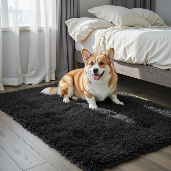 KKFEN-Small Area Rugs 2x3 Feet, Black Rug for Bedroom Dorm, Modern Shag Bedroom Mat, Small Carpet, Fluffy Bedside Rug for Girls Dorm Room Home Decor(2 x 3, Black)