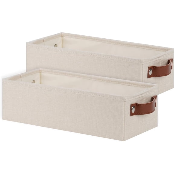 KKFEN-Small Basket 2PC Rectangular Narrow Storage Bin with Handles for Toilet Tank Top, Collapsible Linen Fabric Storage Baskets Bins for Empty Gift Basket, Beige