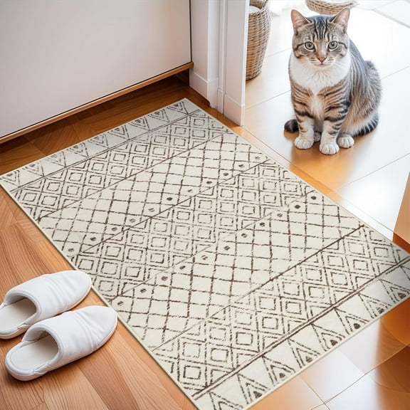 KKFEN-Small Rug 2x3 Washable - Moroccan Kitchen Area Rugs Low Pile Indoor Mat Non Slip with Rubber Backing Soft Area Rug Pet Friendly for for Entryway Front Door Bedroom 2x3 Geo Beige
