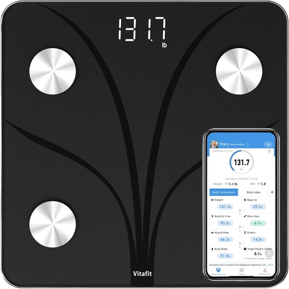 KKFEN-Smart Bathroom Scale for Body Weight, Weight Scale Professional Factory Since 2001, App Sync 13 Body Composition Analyzer BMI, Body Fat and Muscle, 400lb, LED, Black