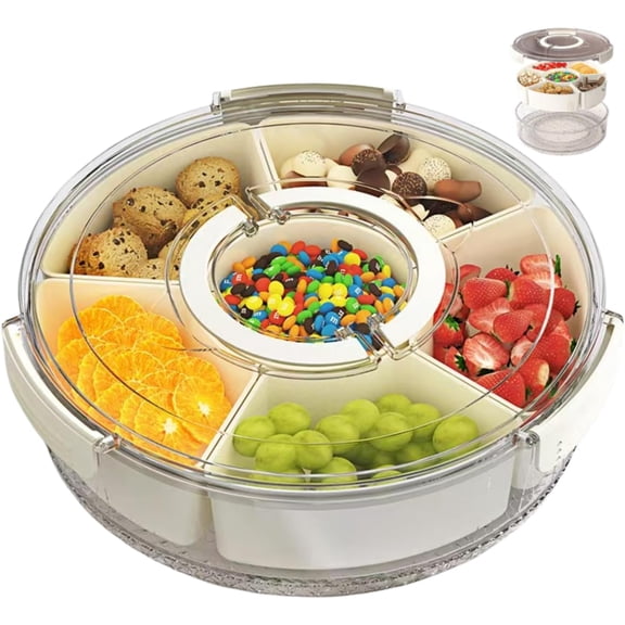 KKFEN-Snackle Box Container Divided Rotating Serving Tray with Lid and Handle, Portable for Fruits Snacks Veggie Charcuterie, Clear Snack Spinner Organizer and Fridge Storage Container for Trave and