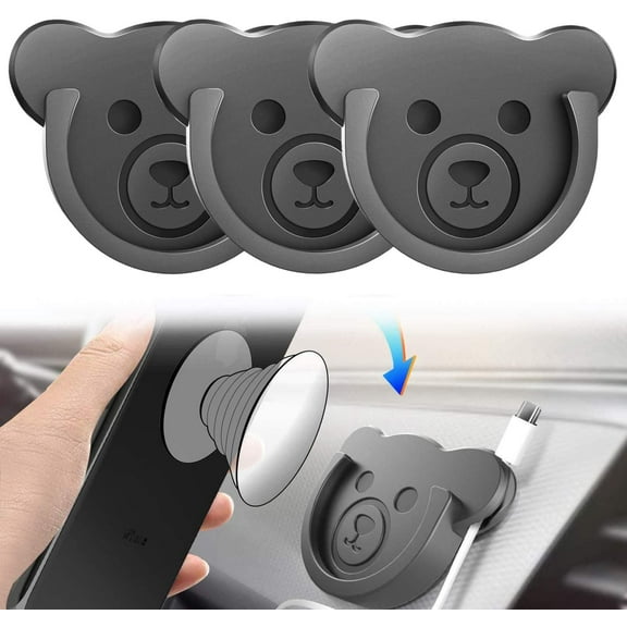 KKFEN-Socket Car Mount for Phone Holder Cute Bear Style Silicone Grip Stand with Phone line Clasp for Collapsible Socket User Used on Dashboard, Home, Office, Kitchen, Desk, Wall (Black) 3 Pack